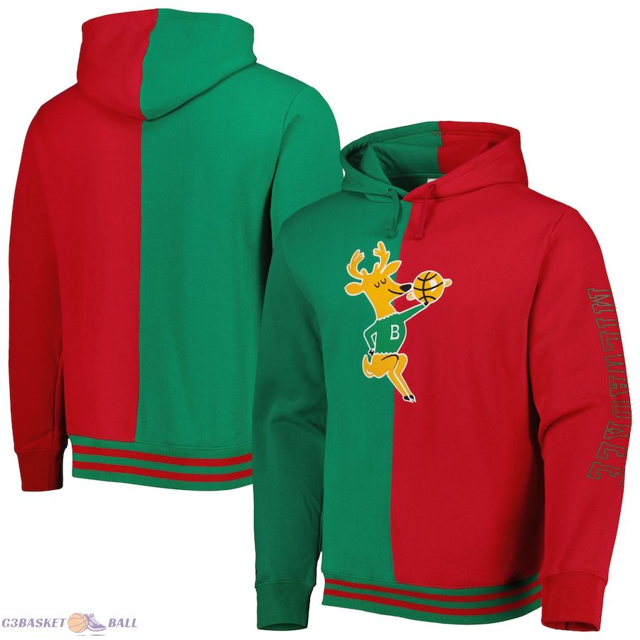 Men's Milwaukee Bucks Mitchell & Ness Green/Red Hardwood Classics Split Pullover Hoodie