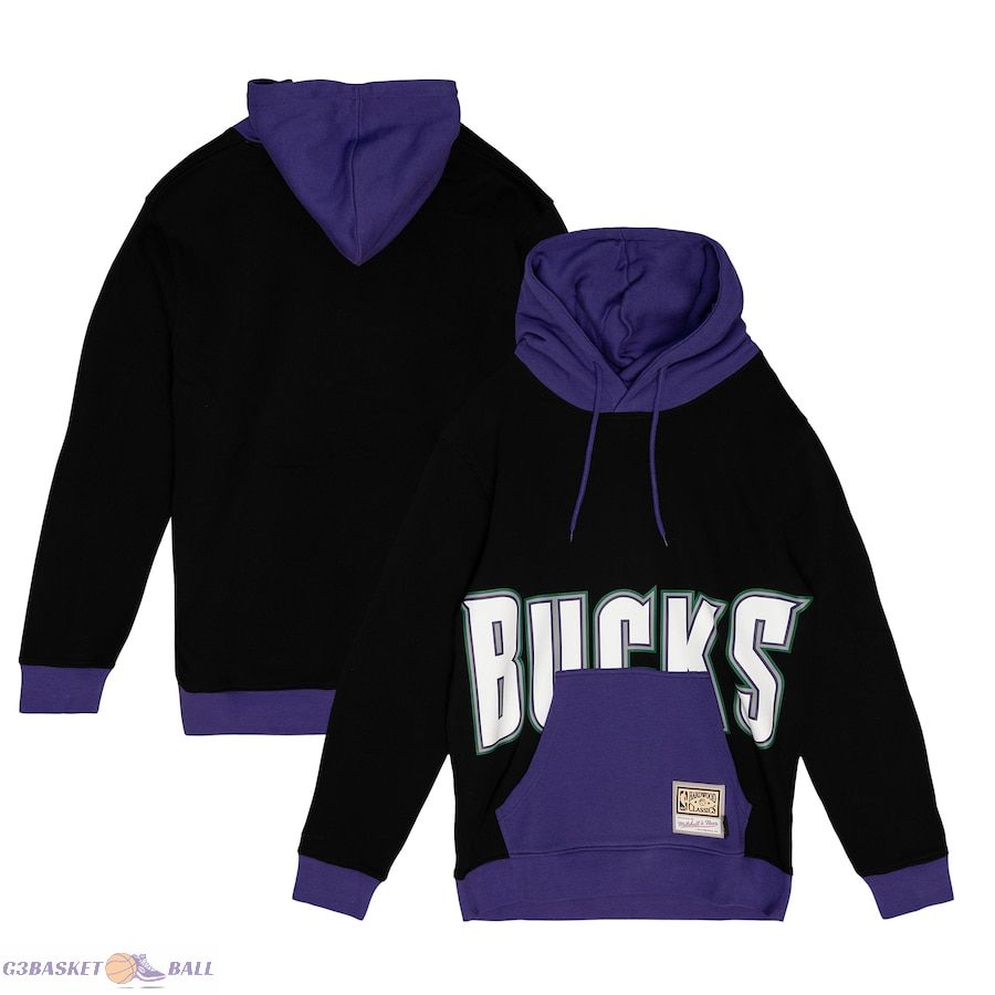 Men's Milwaukee Bucks Mitchell & Ness Black Hardwood Classics Big Face 5.0 Pullover Hoodie