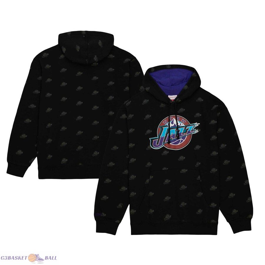 Men's Utah Jazz Mitchell & Ness Black Hardwood Classics Allover Print Pullover Hoodie