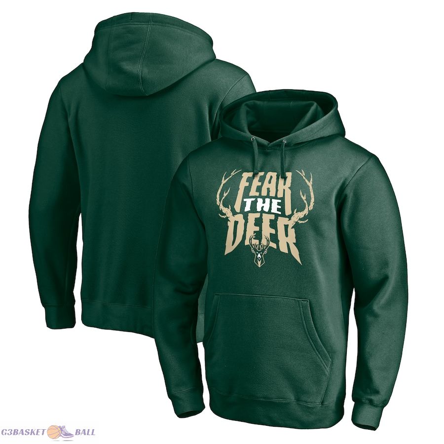 Men's Milwaukee Bucks Fanatics Hunter Green Post Up Hometown Collection Fitted Pullover Hoodie