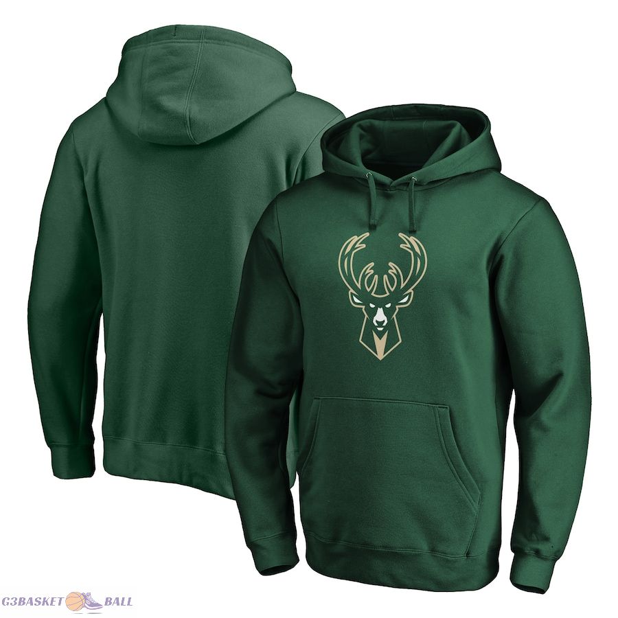 Men's Milwaukee Bucks Fanatics Hunter Green Icon Primary Logo Fitted Pullover Hoodie