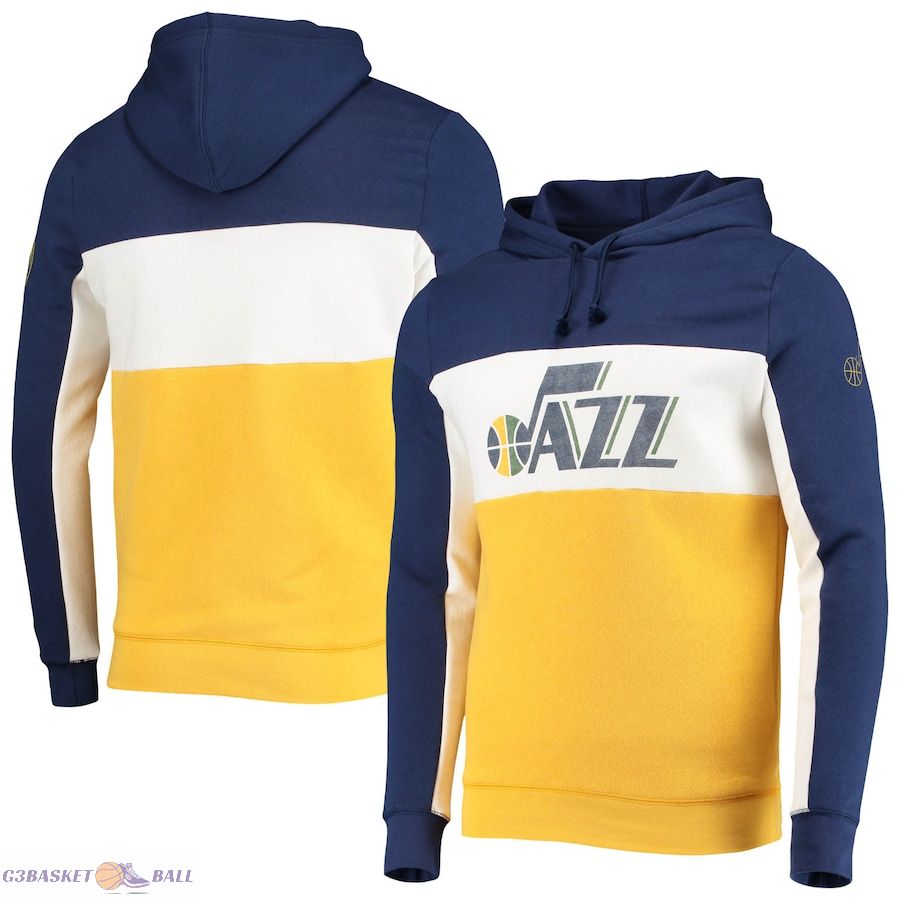 Men's Utah Jazz Junk Food Navy/White Wordmark Colorblock Fleece Pullover Hoodie