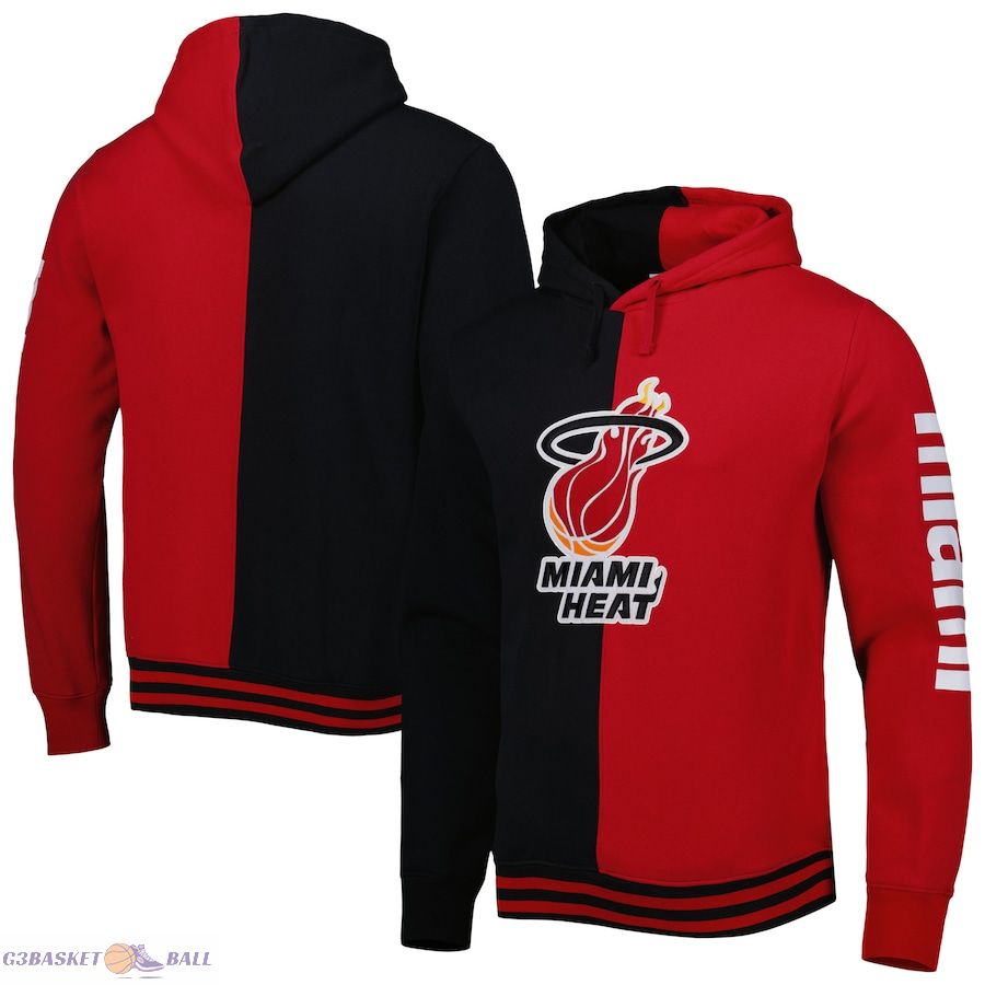 Men's Miami Heat Mitchell & Ness Black/Red Hardwood Classics Split Pullover Hoodie