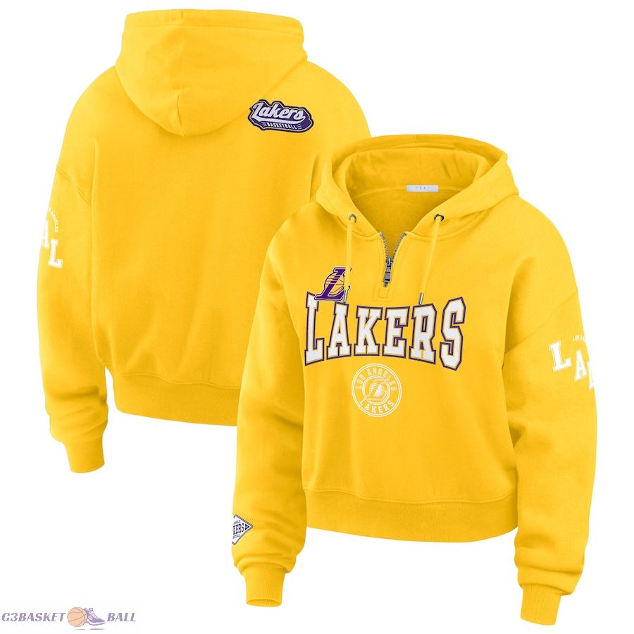 Women's Los Angeles Lakers WEAR by Erin Andrews Gold Cropped Quarter-Zip Pullover Hoodie