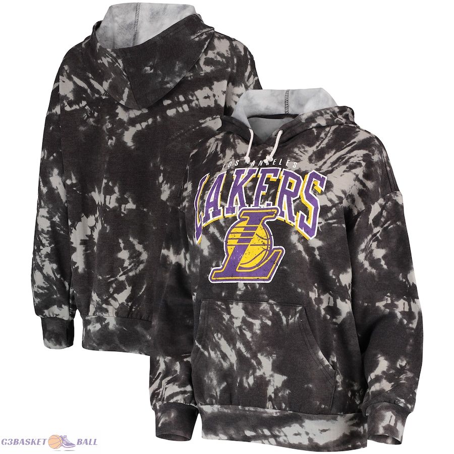 Women's Los Angeles Lakers Majestic Threads Black Burble Tie-Dye Tri-Blend Pullover Hoodie