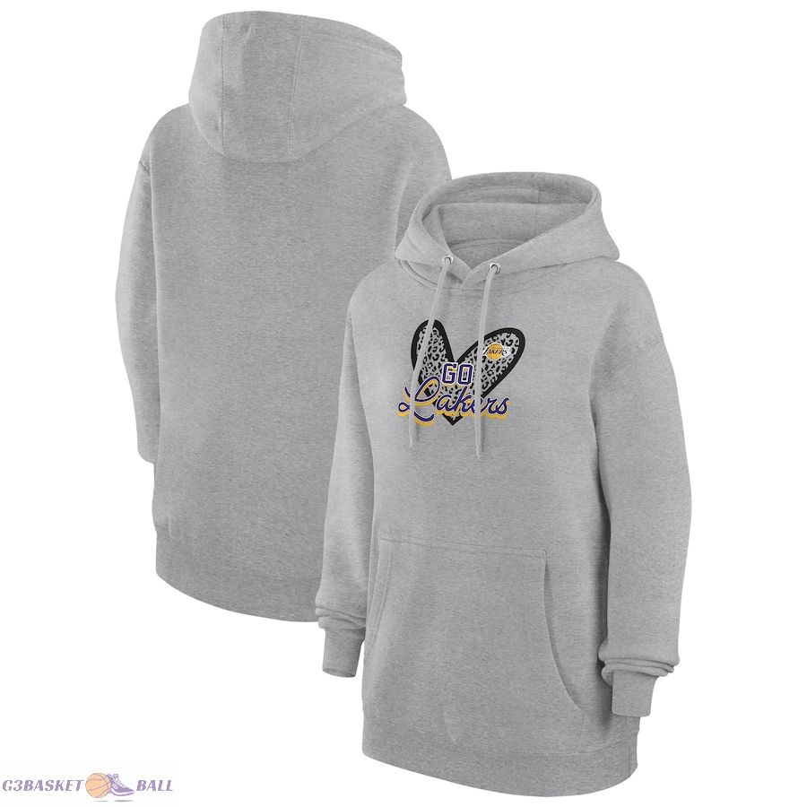 Women's Los Angeles Lakers G-III 4Her by Carl Banks Heather Gray Leopard Heart Graphic Fleece Pullover Hoodie