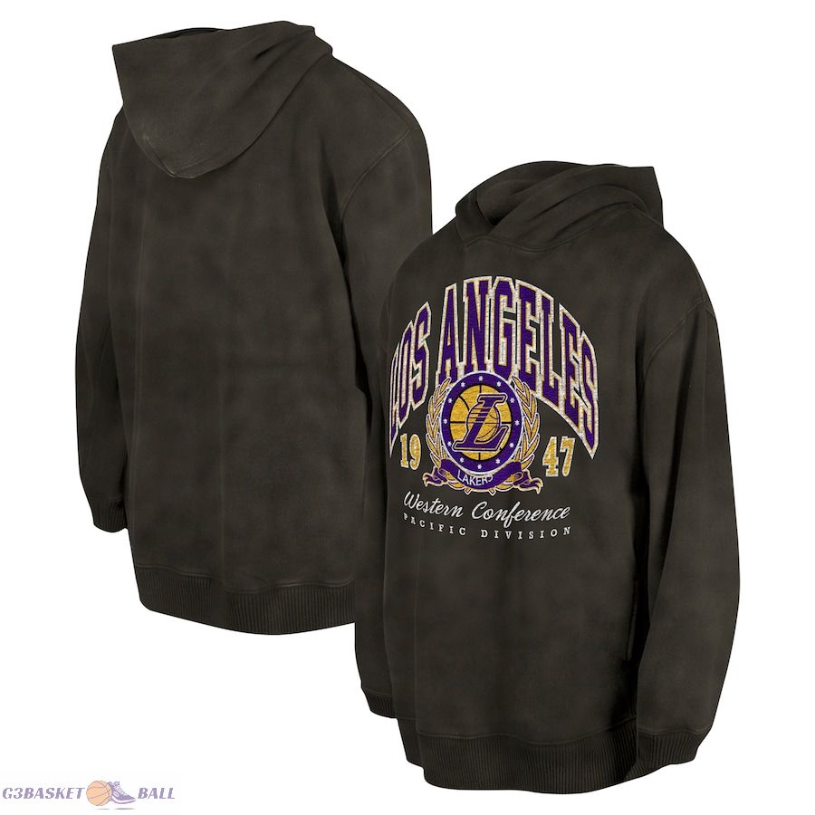 Unisex Los Angeles Lakers New Era Charcoal Oversized Essentials Pigment Wash Fleece Pullover Hoodie