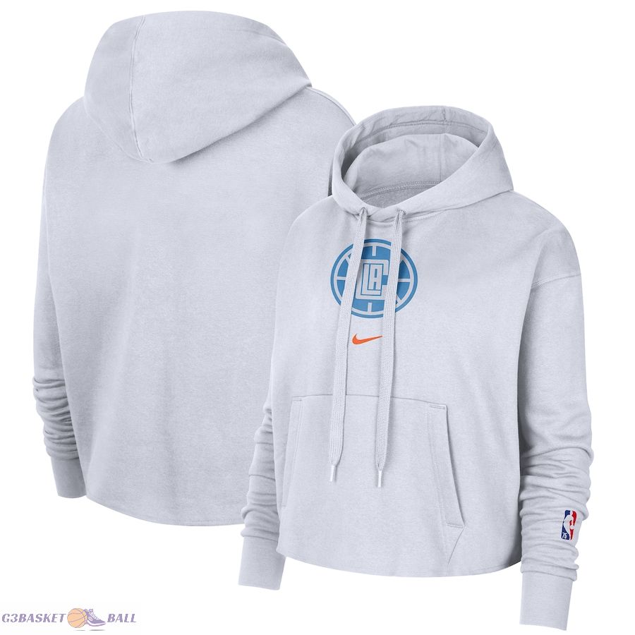 Women's LA Clippers Nike White 2021/22 City Edition Essential Logo Cropped Pullover Hoodie