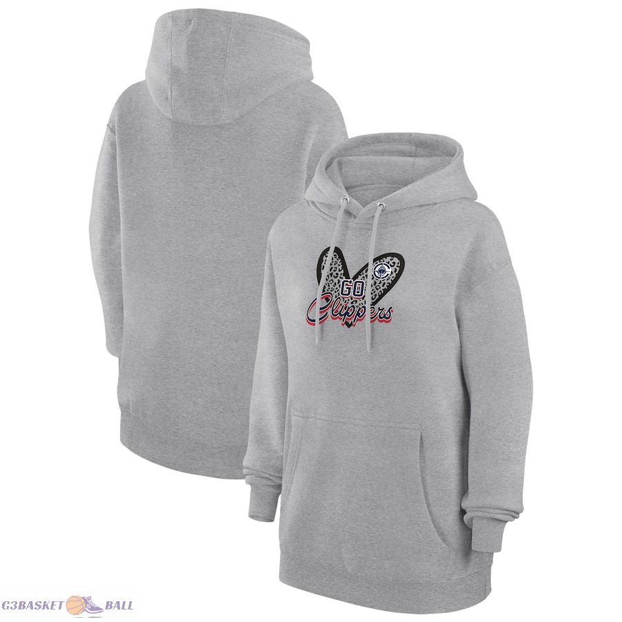 Women's LA Clippers G-III 4Her by Carl Banks Heather Gray Leopard Heart Graphic Fleece Pullover Hoodie