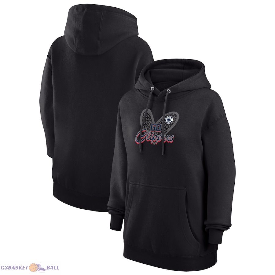 Women's LA Clippers G-III 4Her by Carl Banks Black Leopard Heart Graphic Fleece Pullover Hoodie