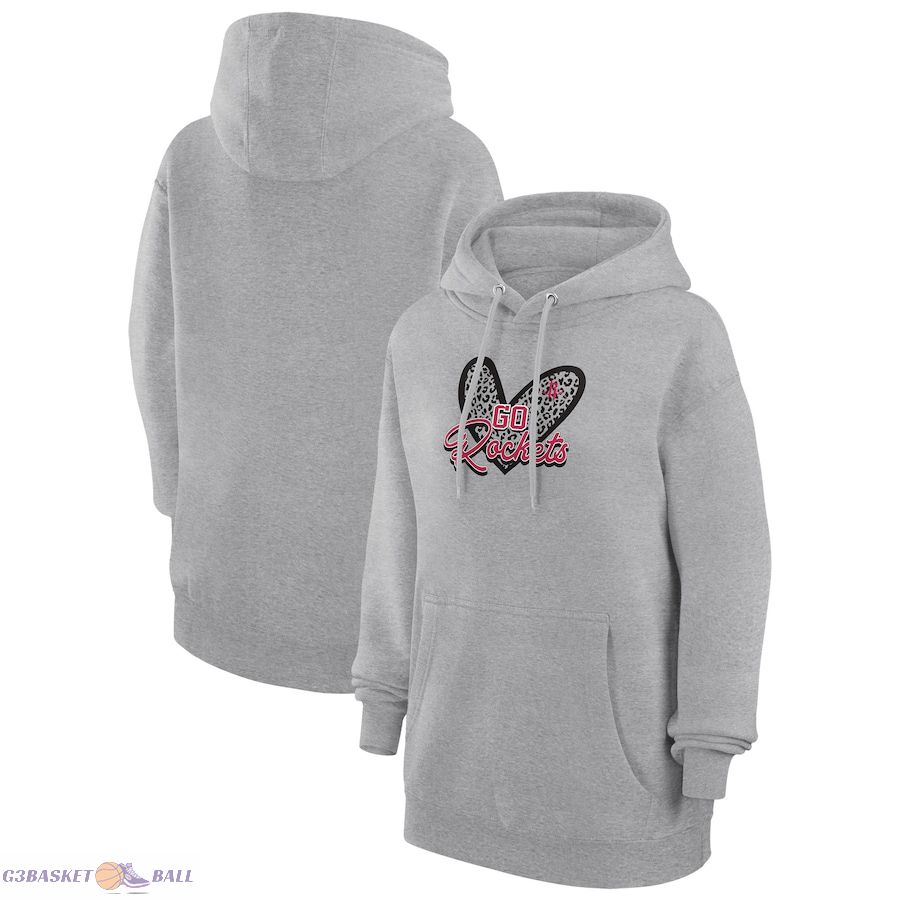 Women's Houston Rockets G-III 4Her by Carl Banks Heather Gray Leopard Heart Graphic Fleece Pullover Hoodie