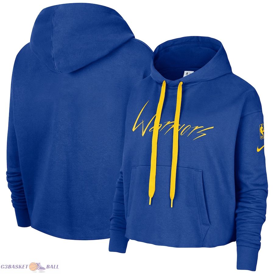 Women's Golden State Warriors Nike Royal Split Flip Courtside Cropped Pullover Hoodie