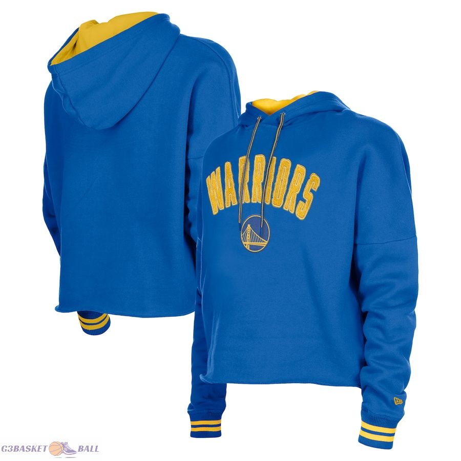 Women's Golden State Warriors New Era Royal Boxy Raw Edge Pullover Hoodie