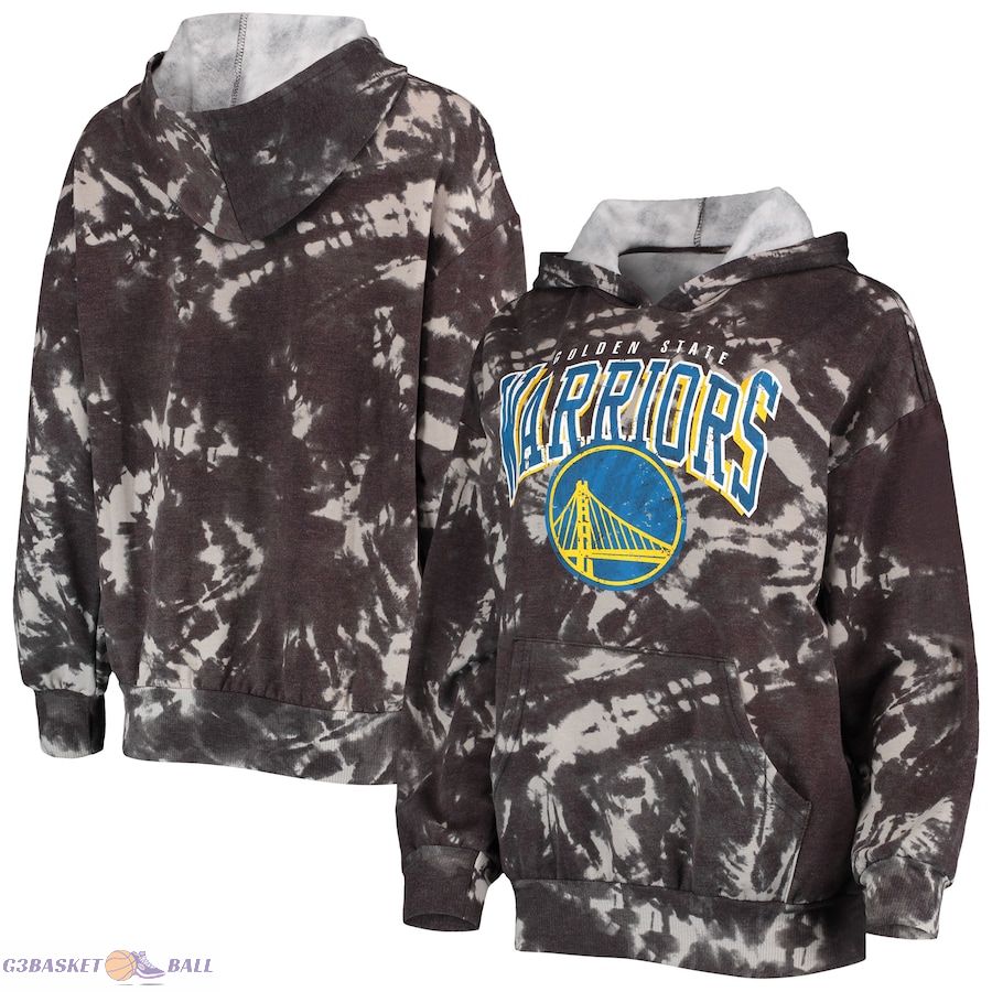 Women's Golden State Warriors Majestic Threads Black Burble Tie-Dye Tri-Blend Pullover Hoodie