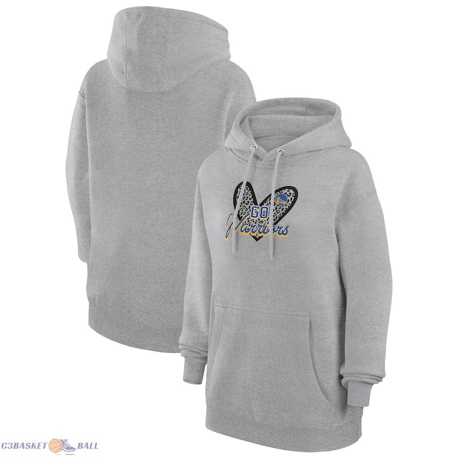 Women's Golden State Warriors G-III 4Her by Carl Banks Heather Gray Leopard Heart Graphic Fleece Pullover Hoodie