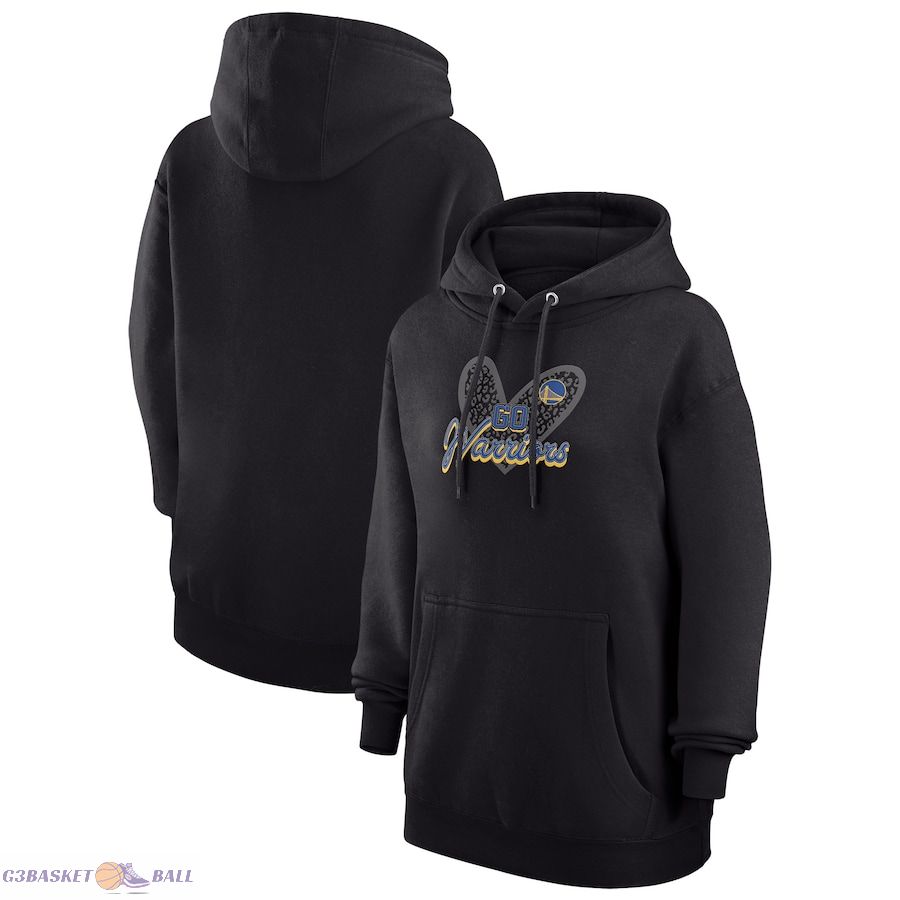 Women's Golden State Warriors G-III 4Her by Carl Banks Black Leopard Heart Graphic Fleece Pullover Hoodie