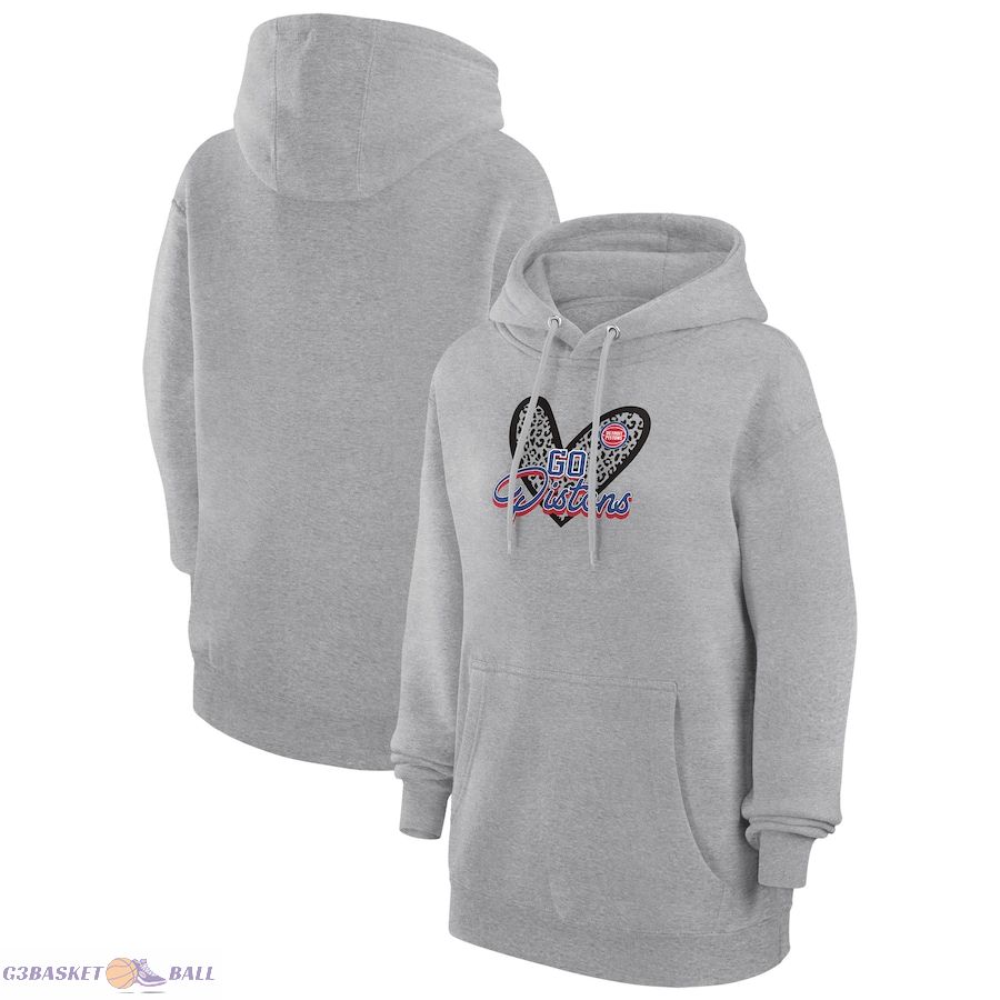 Women's Detroit Pistons G-III 4Her by Carl Banks Heather Gray Leopard Heart Graphic Fleece Pullover Hoodie