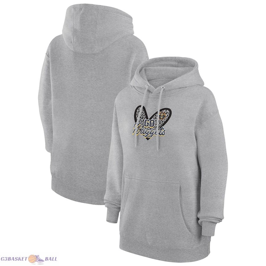 Women's Denver Nuggets G-III 4Her by Carl Banks Heather Gray Leopard Heart Graphic Fleece Pullover Hoodie