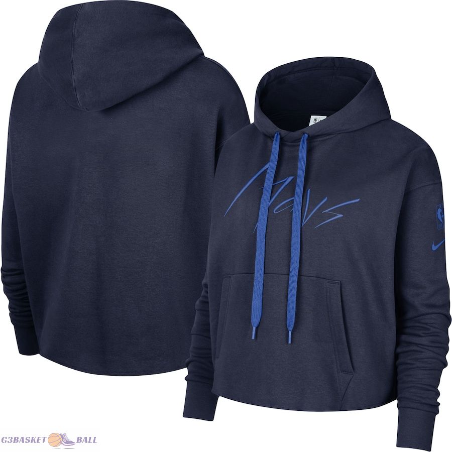 Women's Dallas Mavericks Nike Navy Split Flip Courtside Cropped Pullover Hoodie