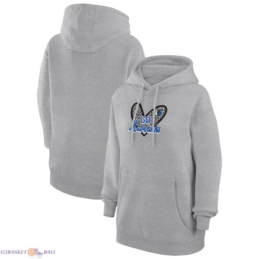 Women's Dallas Mavericks G-III 4Her by Carl Banks Heather Gray Leopard Heart Graphic Fleece Pullover Hoodie