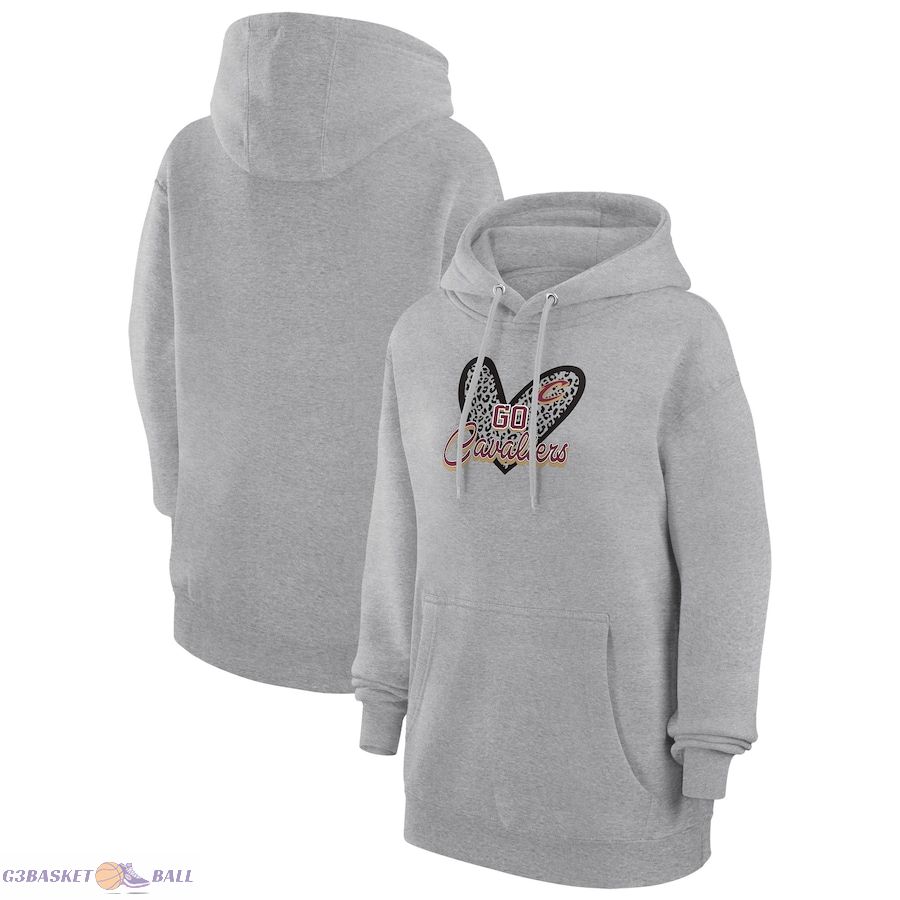 Women's Cleveland Cavaliers G-III 4Her by Carl Banks Heather Gray Leopard Heart Graphic Fleece Pullover Hoodie