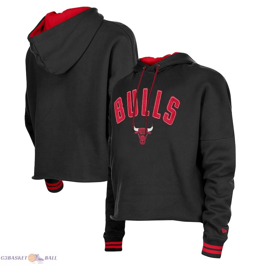 Women's Chicago Bulls New Era Black Boxy Raw Edge Pullover Hoodie