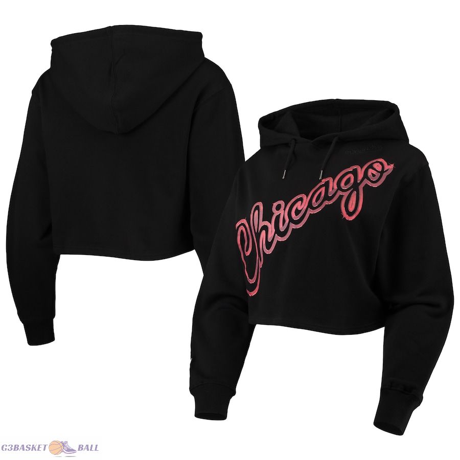 Women's Chicago Bulls Mitchell & Ness Black Big Face 4.0 Cropped Pullover Hoodie