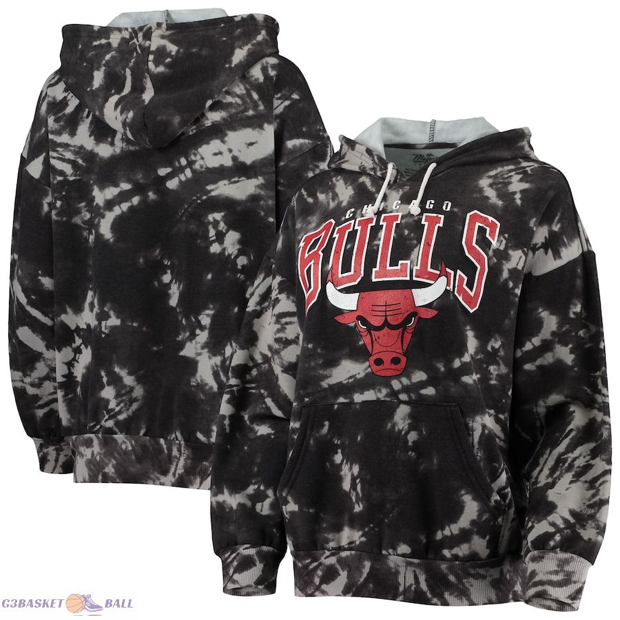 Women's Chicago Bulls Majestic Threads Black Burble Tie-Dye Tri-Blend Pullover Hoodie