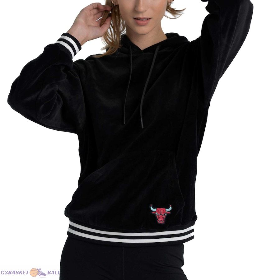 Women's Chicago Bulls Lusso Black Nellie Oversized Velour Pullover Hoodie