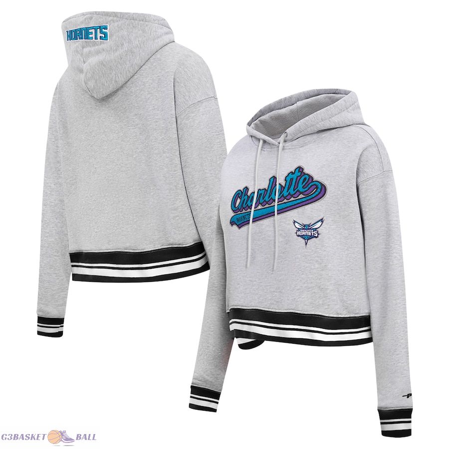 Women's Charlotte Hornets Pro Standard Heather Gray Script Tail Cropped Pullover Hoodie