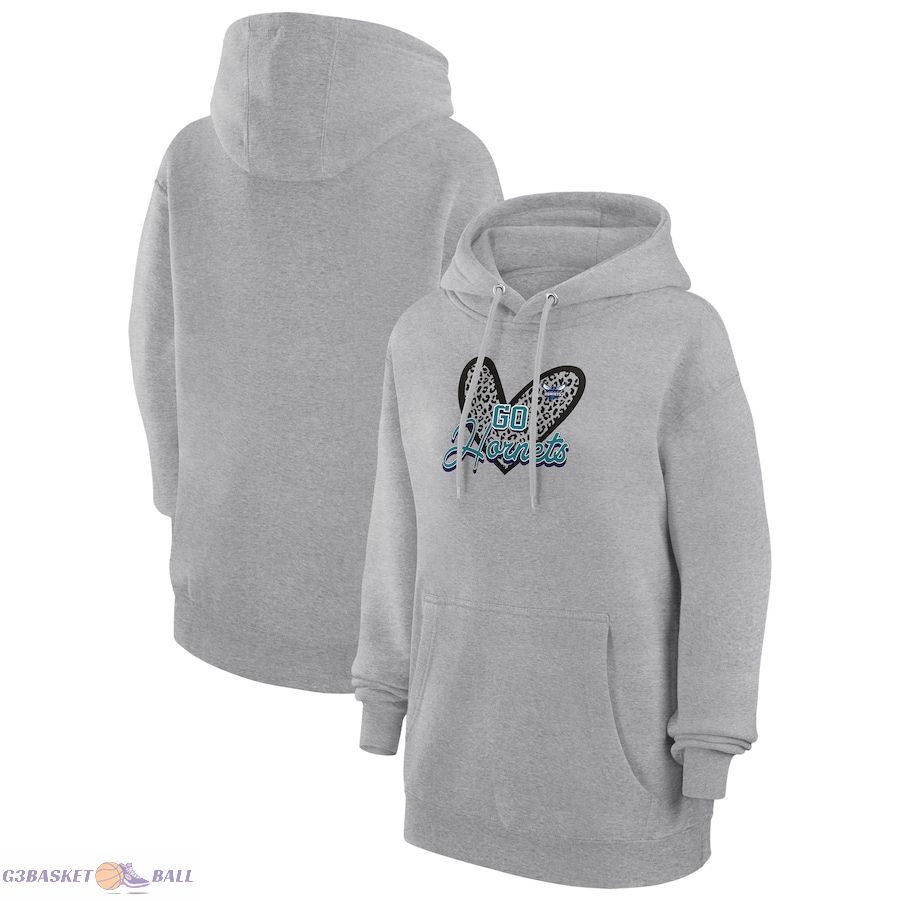 Women's Charlotte Hornets G-III 4Her by Carl Banks Heather Gray Leopard Heart Graphic Fleece Pullover Hoodie