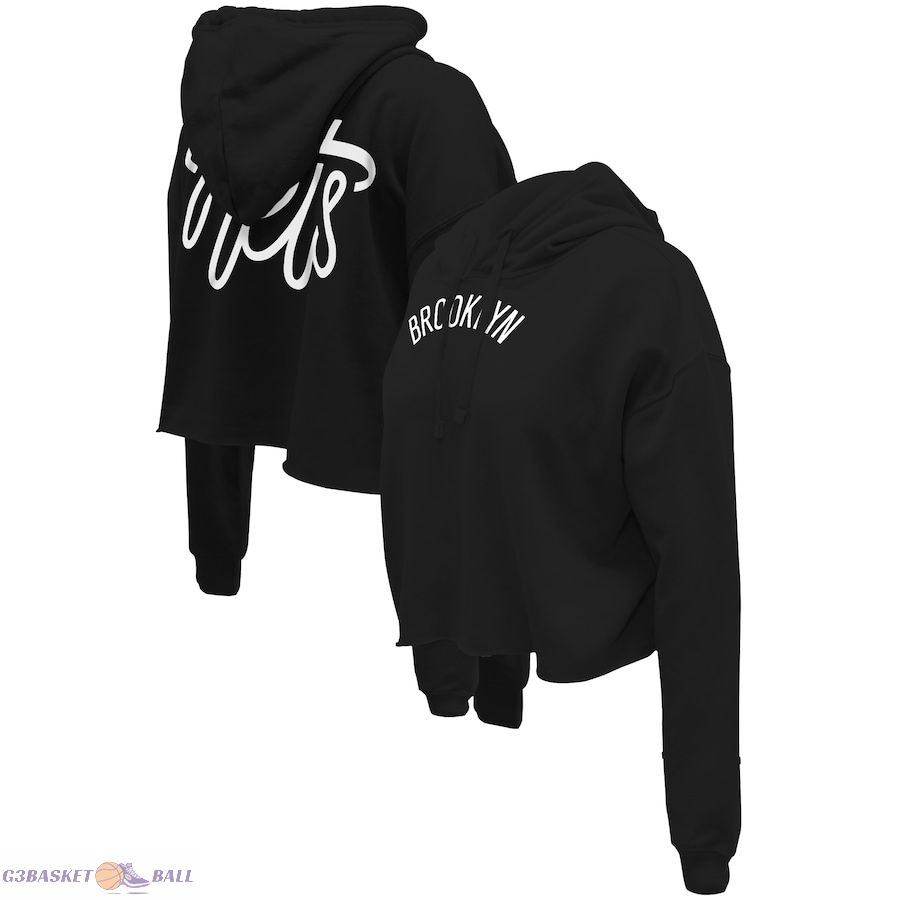 Women's Brooklyn Nets Stadium Essentials Black Origins Script Cropped Pullover Hoodie