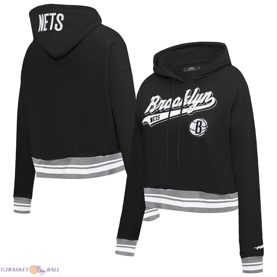 Women's Brooklyn Nets Pro Standard Black Script Tail Cropped Pullover Hoodie