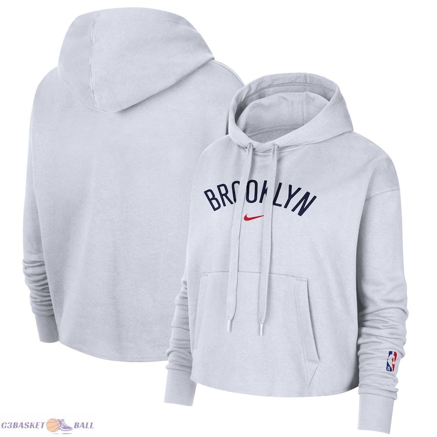 Women's Brooklyn Nets Nike White 2021/22 City Edition Essential Logo Cropped Pullover Hoodie