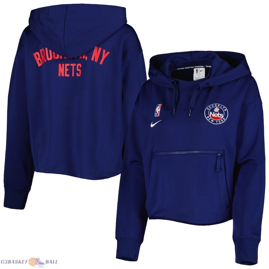 Women's Brooklyn Nets Nike Navy Courtside Cropped Tri-Blend Performance Pullover Hoodie