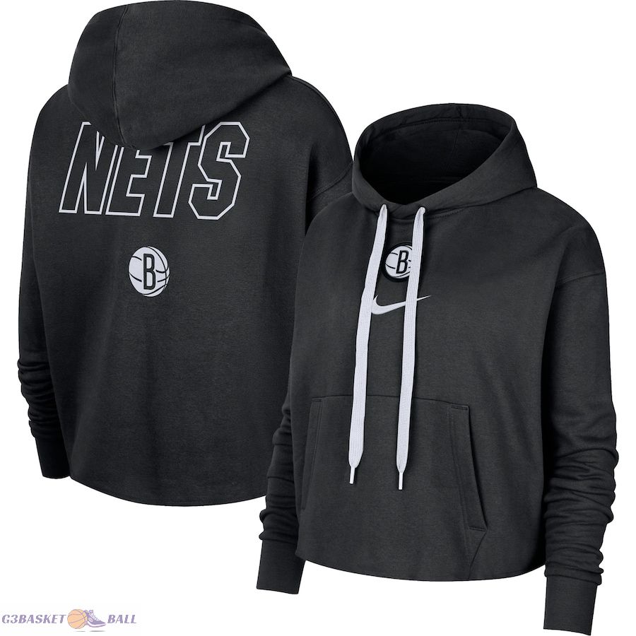 Women's Brooklyn Nets Nike Black Courtside Cropped Pullover Hoodie