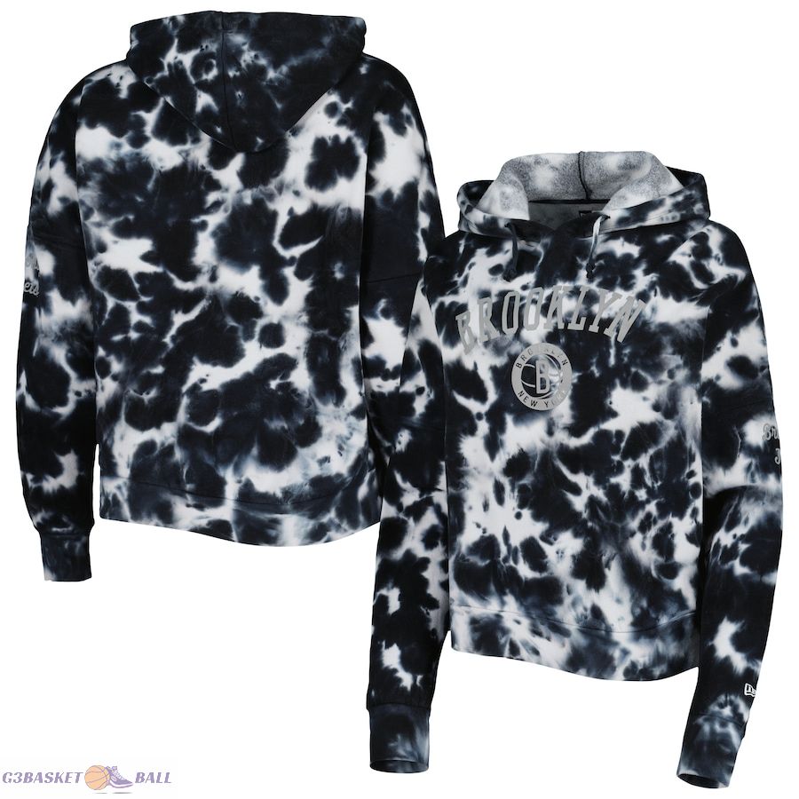 Women's Brooklyn Nets New Era Black Brushed Cotton Tie-Dye Pullover Hoodie