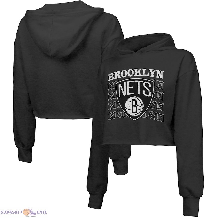 Women's Brooklyn Nets Majestic Threads Black Repeat Cropped Tri-Blend Pullover Hoodie