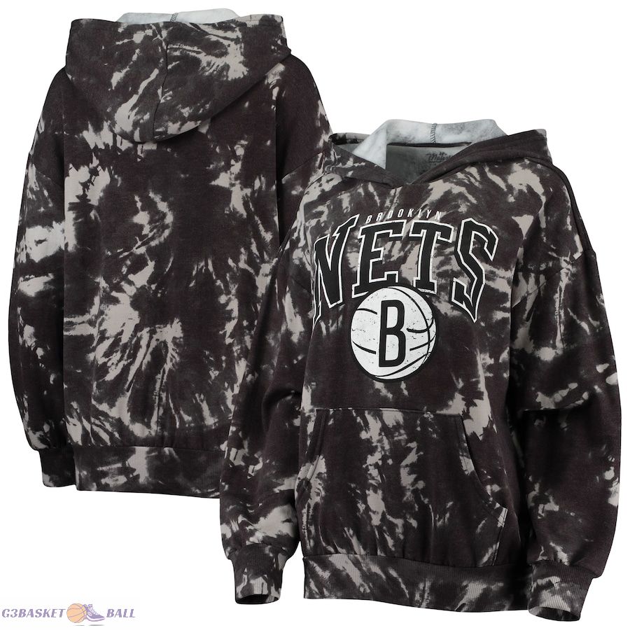 Women's Brooklyn Nets Majestic Threads Black Burble Tie-Dye Tri-Blend Pullover Hoodie