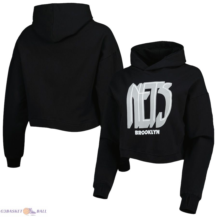 Women's Brooklyn Nets Lusso Black Layla World Tour Cropped Pullover Hoodie