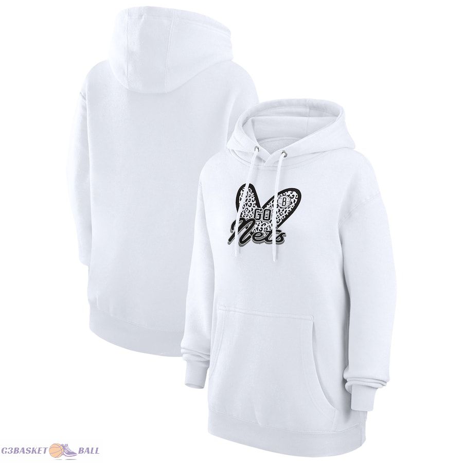 Women's Brooklyn Nets G-III 4Her by Carl Banks White Leopard Heart Graphic Fleece Pullover Hoodie