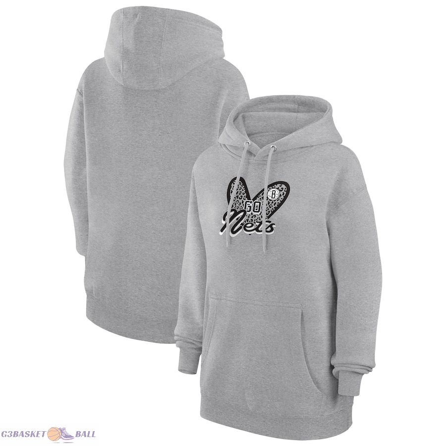 Women's Brooklyn Nets G-III 4Her by Carl Banks Heather Gray Leopard Heart Graphic Fleece Pullover Hoodie