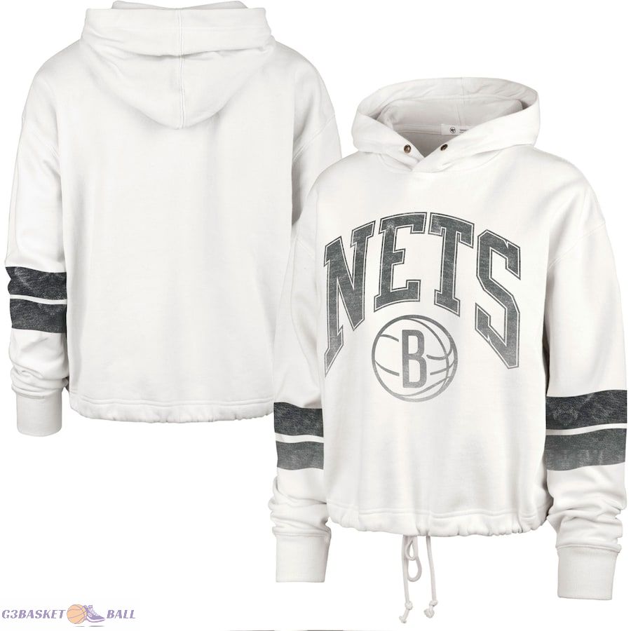 Women's Brooklyn Nets '47 Cream Emerson Stripe Cropped Pullover Hoodie