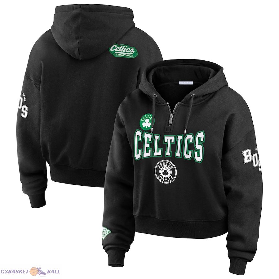 Women's Boston Celtics WEAR by Erin Andrews Black Cropped Quarter-Zip Pullover Hoodie