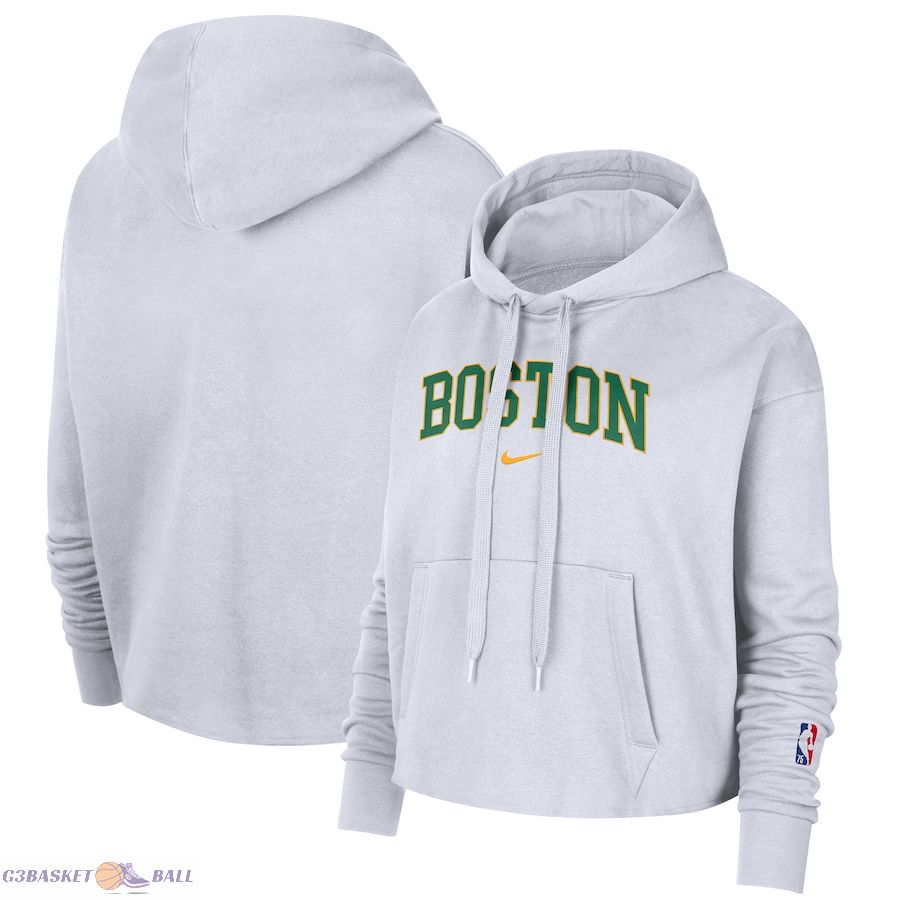 Women's Boston Celtics Nike White 2021/22 City Edition Essential Logo Cropped Pullover Hoodie