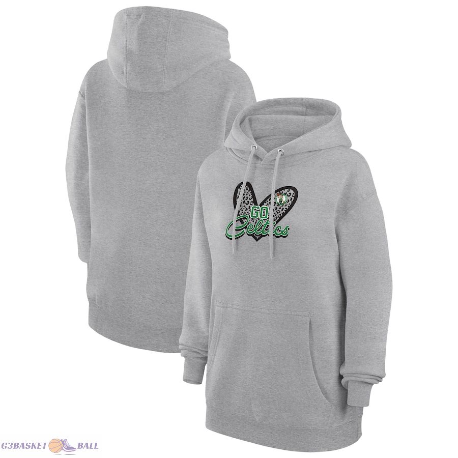 Women's Boston Celtics G-III 4Her by Carl Banks Heather Gray Leopard Heart Graphic Fleece Pullover Hoodie