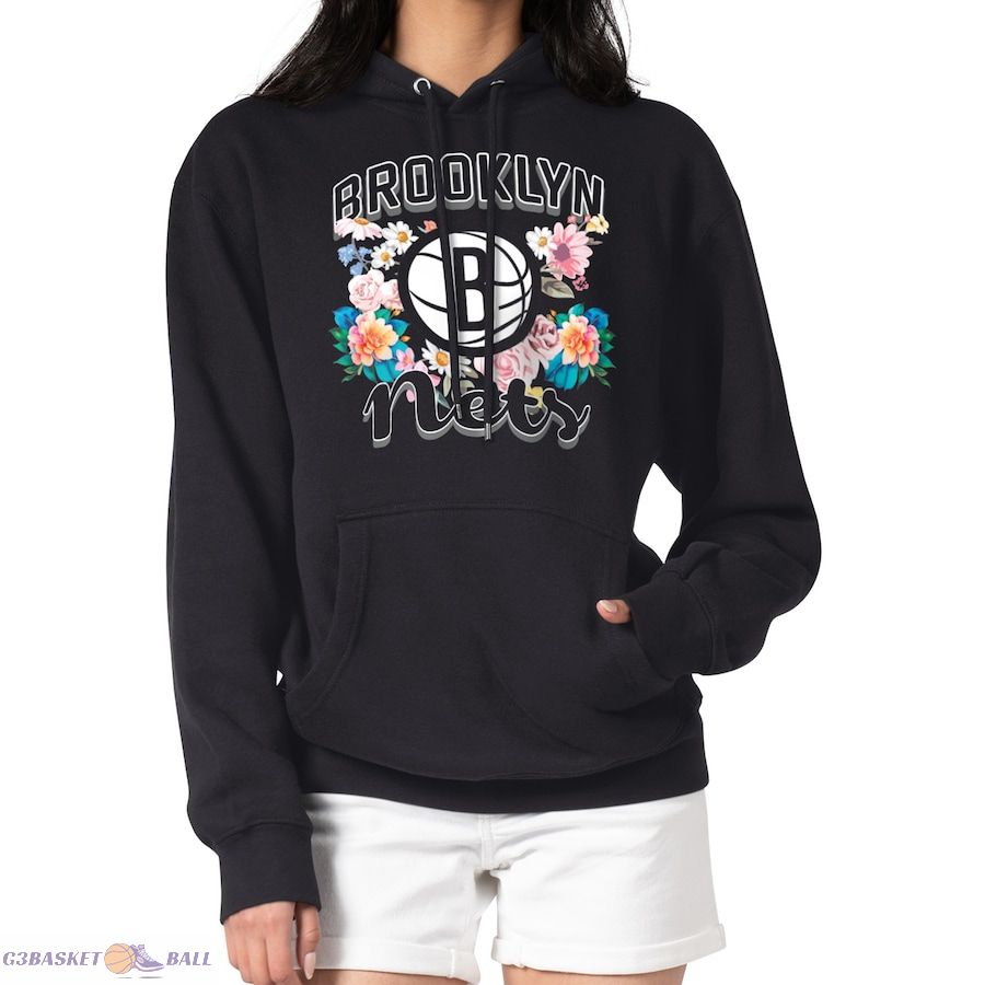 Women's Brooklyn Nets G-III 4Her by Carl Banks Black Flowers Team Logo Graphic Fleece Pullover Hoodie