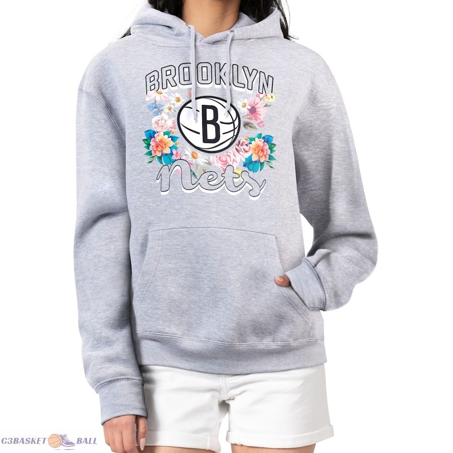 Women's Brooklyn Nets G-III 4Her by Carl Banks Heather Gray Flowers Team Logo Graphic Fleece Pullover Hoodie