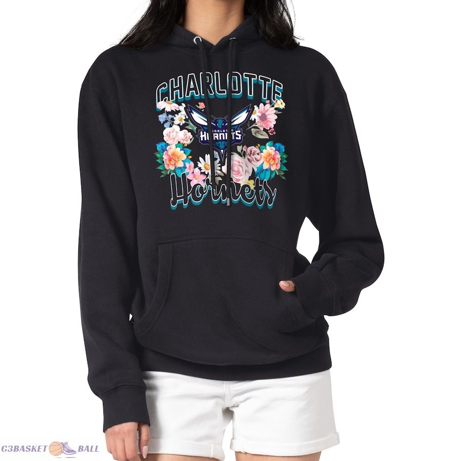 Women's Charlotte Hornets G-III 4Her by Carl Banks Black Flowers Team Logo Graphic Fleece Pullover Hoodie