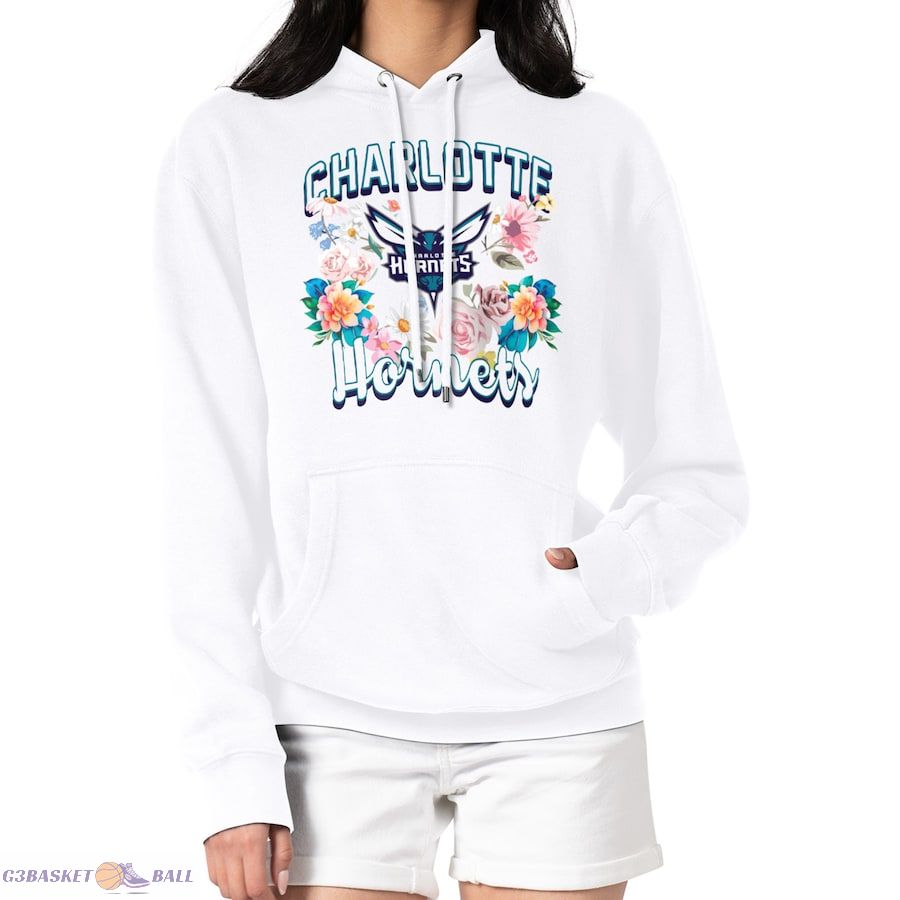 Women's Charlotte Hornets G-III 4Her by Carl Banks White Flowers Team Logo Graphic Fleece Pullover Hoodie